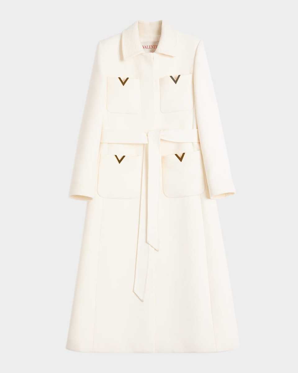 V Logo Collared Wool Coat